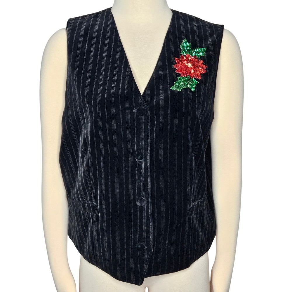VTG Rafaella Black Velvet Pinstripe Vest Poinsettia Holiday Sequin Embellishment - Picture 1 of 8